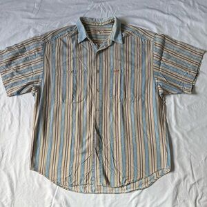 Vintage Guess Men's Blue and Tan Striped Shirt Size XL